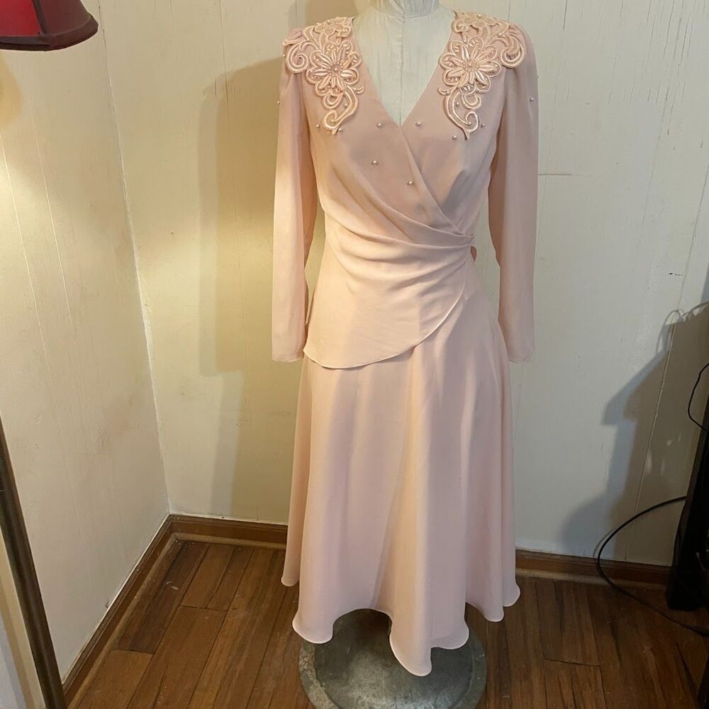 Vintage 80s MISS ELLIETTE MOB MoG Midi Dress Lace Pearls sz 8